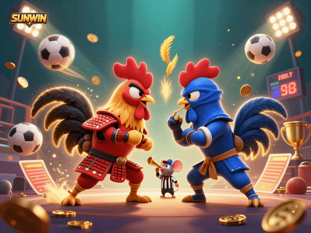 SUNWIN showcases an exciting scene with roosters in combat gear among flying sports elements, symbolizing thrilling betting