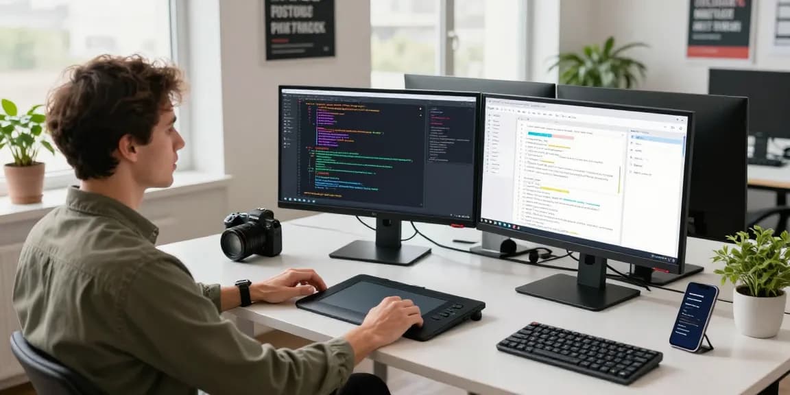 Developer coding in a bright workspace, showcasing crushon ia on dual monitors.