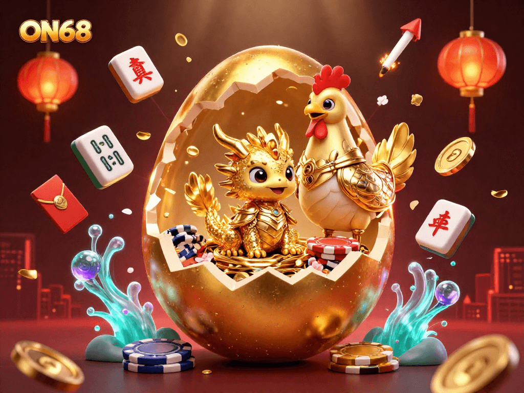 Engage in the ON68 experience with the golden dragon revealing poker chips, encapsulating vibrant casino thrills.