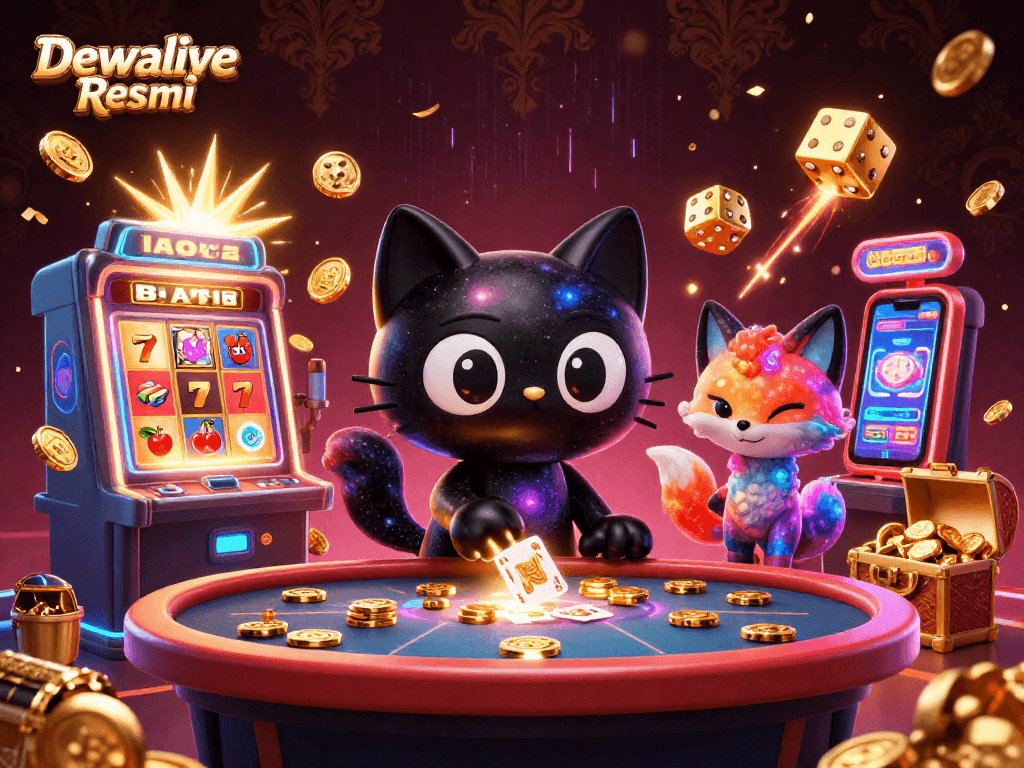 Spin and win big with Dewalive Resmi at an exciting cosmic casino table featuring vibrant characters and jackpots.