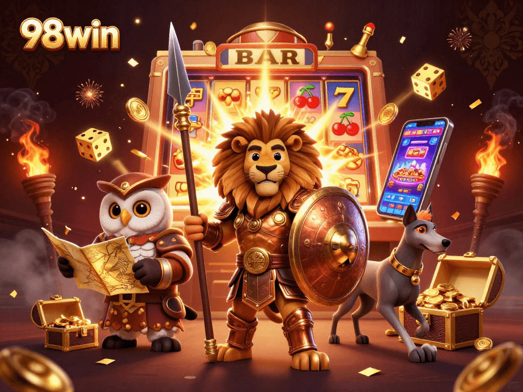 Engage with thrilling 98win gameplay as a Spartan lion, owl strategist, and greyhound messenger surround a jackpot slot machine.
