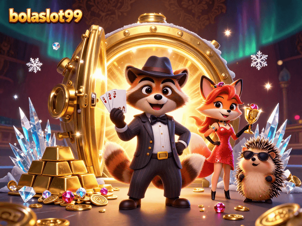 BOLASLOT99 players enjoying a rich gambling scene featuring characters with royal flush hands and treasure.
