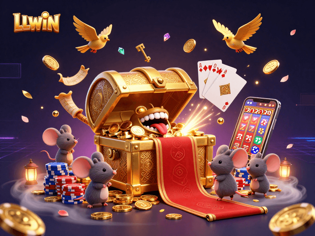 Experience thrilling wins at LLWIN with a vibrant casino illustration featuring golden treasures and gaming elements.