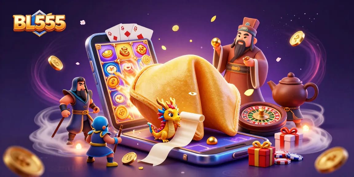 Engage with the lively gaming world of BL555, featuring vibrant characters and gold-infused visuals.