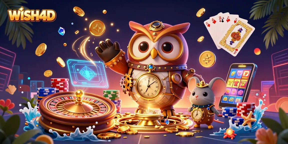 Win big with WISH4D in this vibrant 3D casino scene full of action and energy.