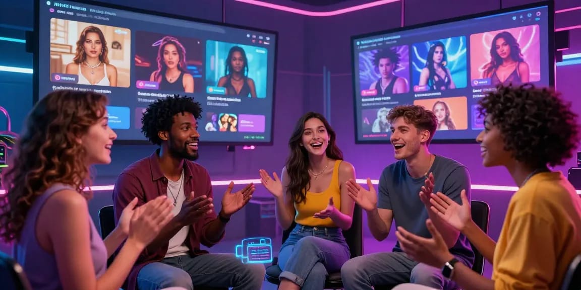 Engaging ai porn chat scene with diverse characters interacting in a vibrant digital environment, showcasing the future of virtual adult entertainment.