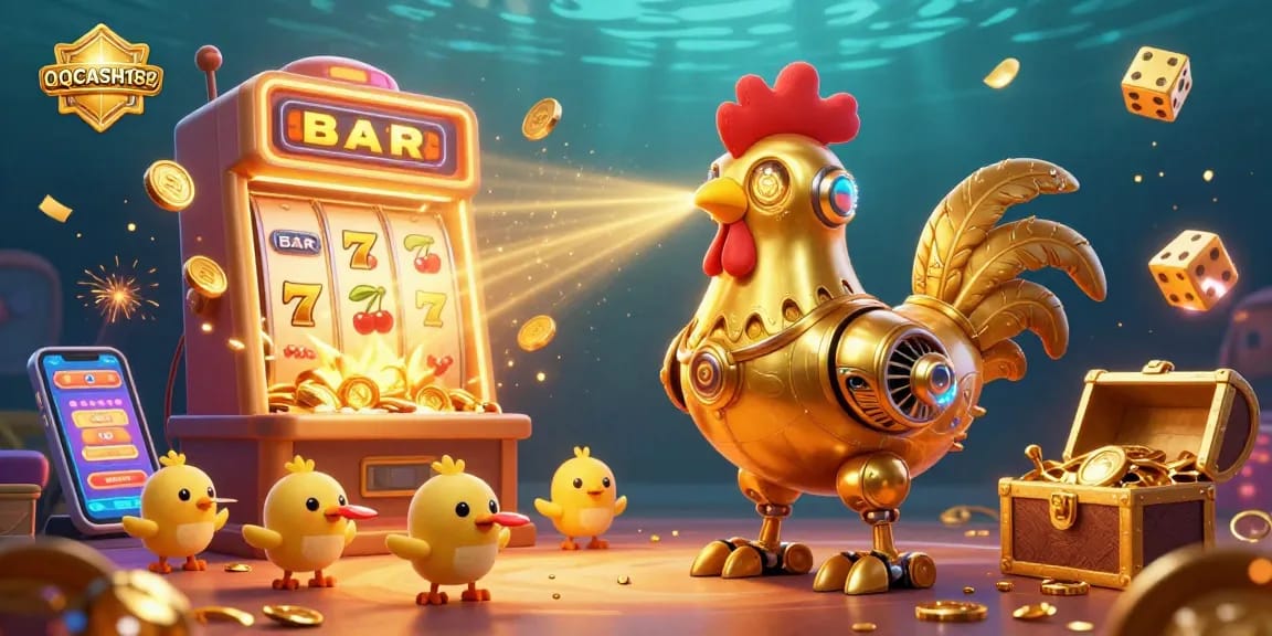 Experience thrilling gameplay with QQCASH188 as the golden rooster robot bursts into action surrounded by dynamic casino elements.