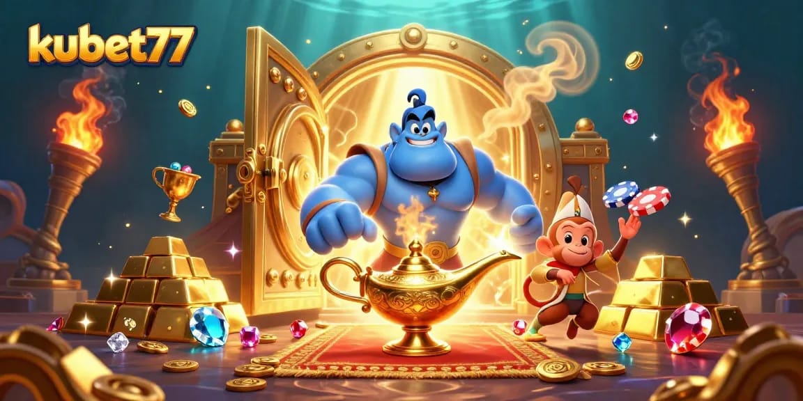 Experience the magic of kubet77 with a vibrant casino illustration featuring a genie and treasures.