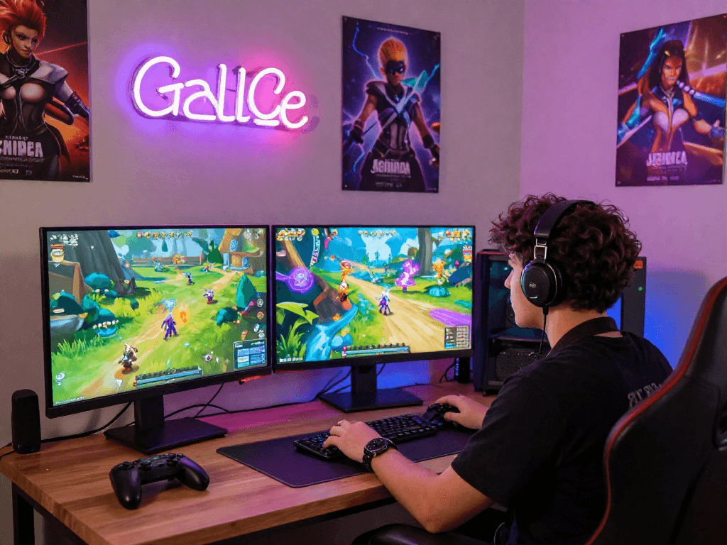 Engaging scene depicting a trans porn game protagonist at a colorful gaming station with interactive fantasy adventures.