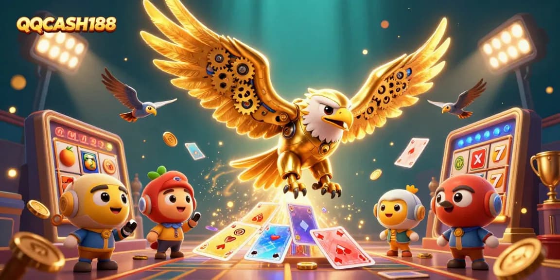 Win big with QQCASH188 in this vibrant illustration showcasing a dynamic scene of slot games and a golden eagle.