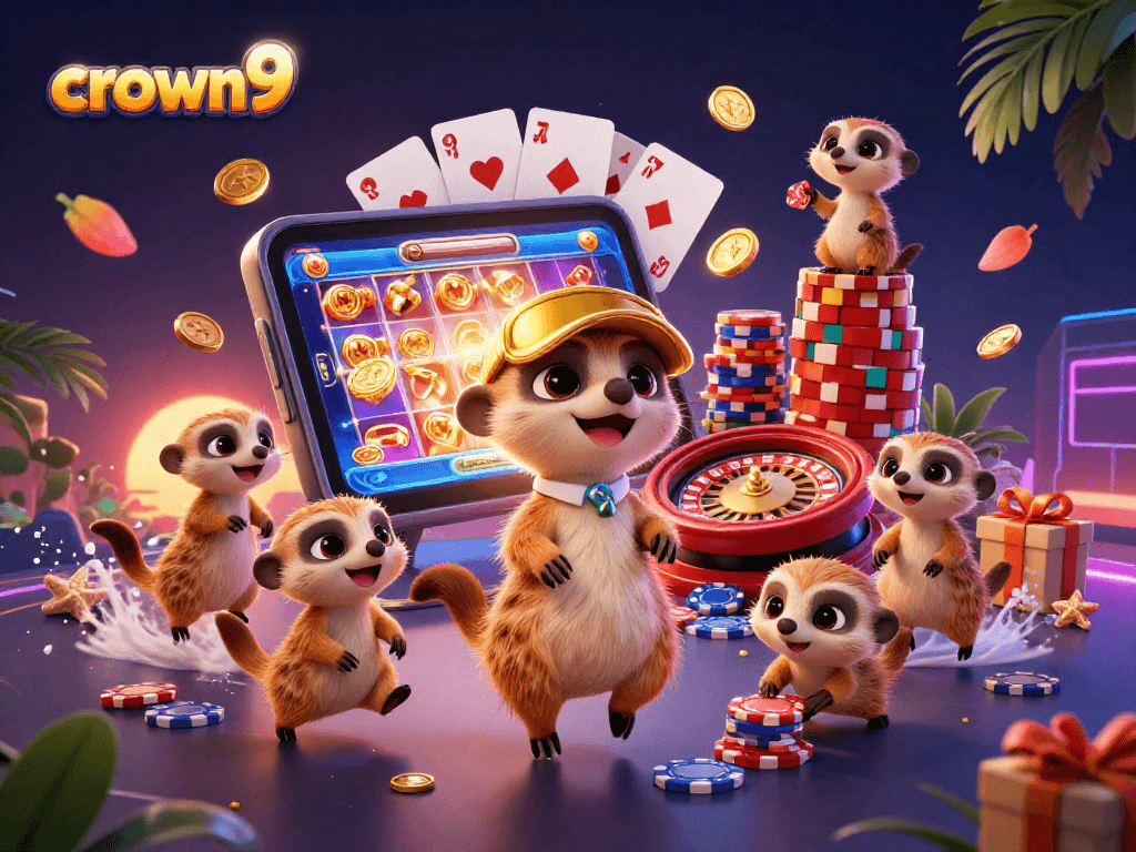 Crown9 engages players with exciting pokies in a vibrant meerkat casino scene filled with dynamic gaming elements.