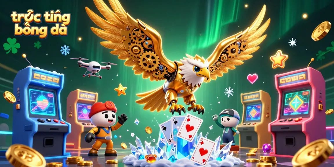 Engage in trực tiếp bóng đá with a dynamic scene featuring a cybernetic eagle amidst casino elements.