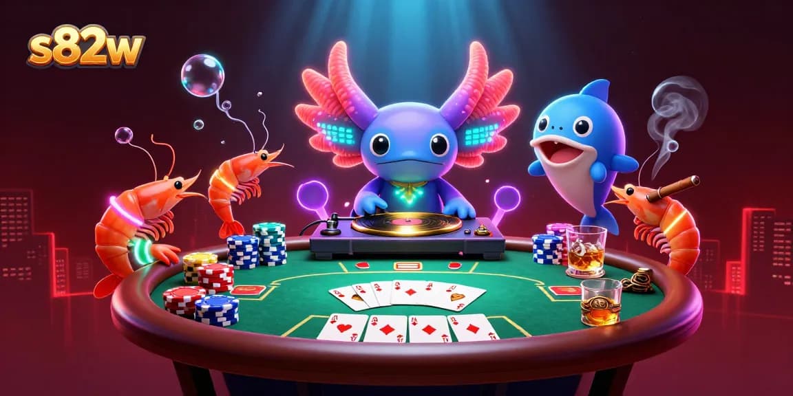 Experience the vibrant S82W casino world with a neon axolotl DJ spinning luck at a poker party.
