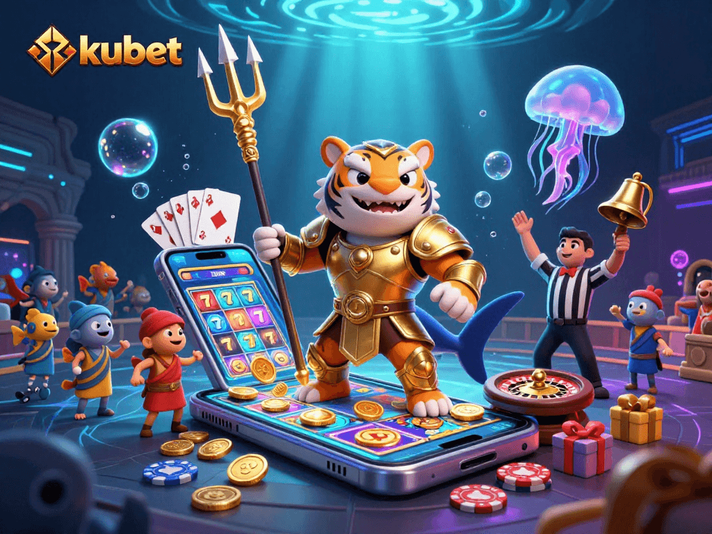 Engage with kubet's thrilling underwater casino scene featuring a heroic tiger shark and vibrant gaming elements.