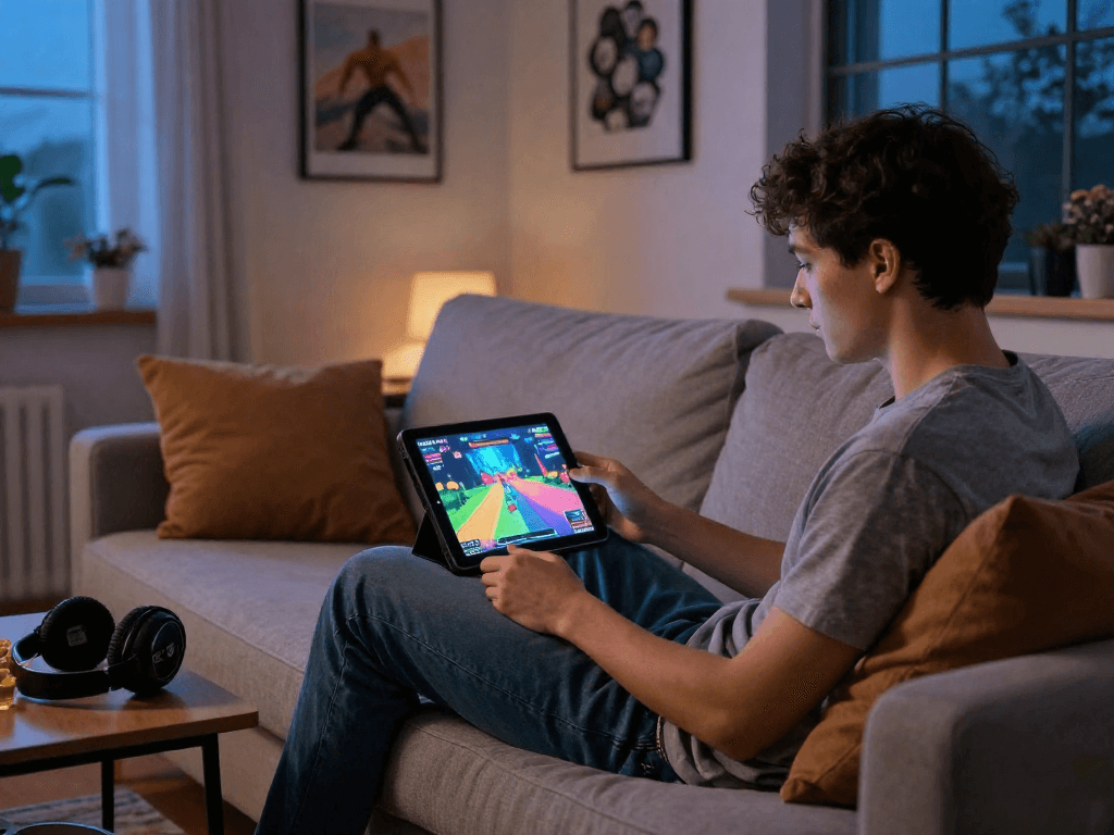 Experience immersive gameplay with the sex simulator on a cozy couch, vibrant graphics, and inviting atmosphere.