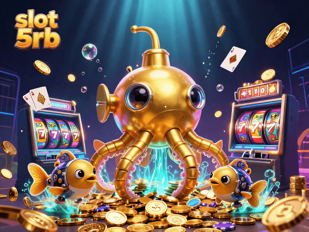 Spin the reels and win big with slot 5rb in a vibrant underwater casino illustration featuring golden treasures.