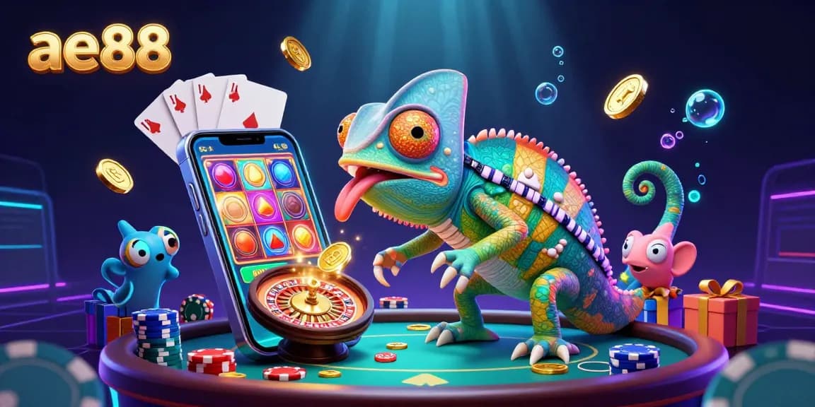 Experience exciting gaming at ae88 with vibrant casino elements and a colorful chameleon owner.