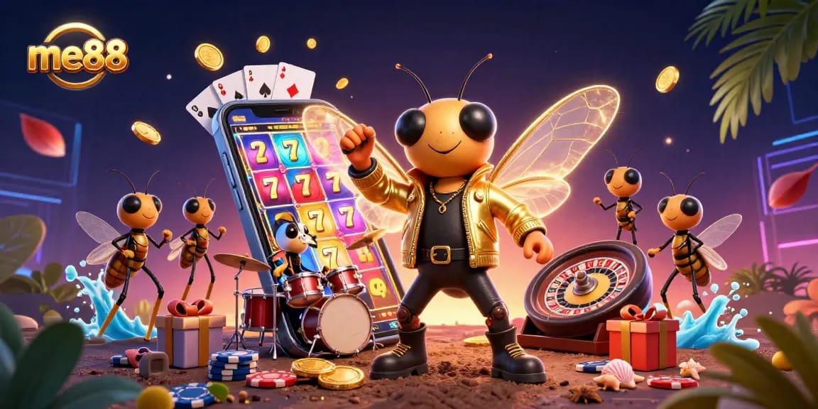 Play exciting slot games at me88 with vibrant characters and dynamic casino elements.