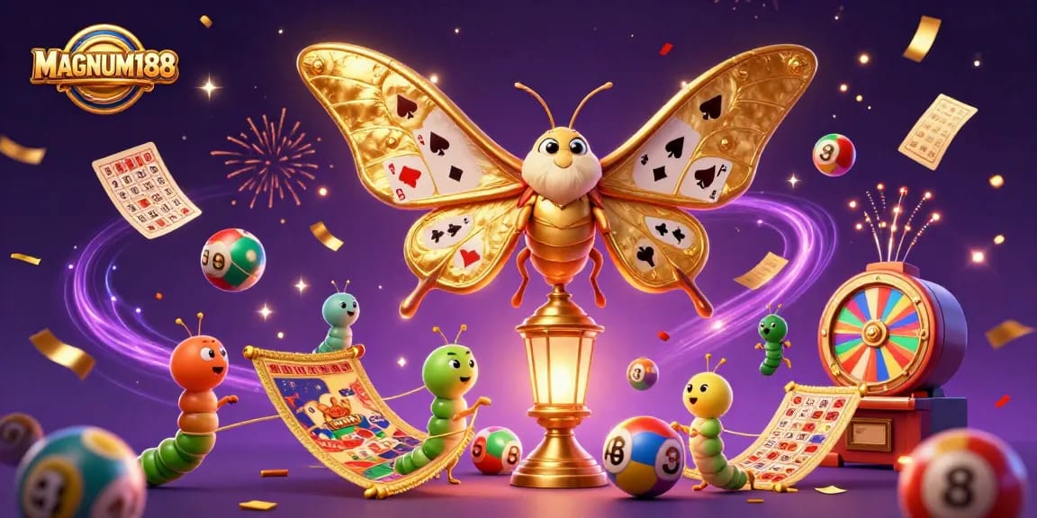 Experience the excitement of MAGNUM188 with vibrant gaming elements and a dazzling digital illustration.