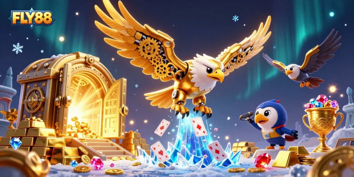 FLY88 gaming experience illustrated with a cinematic digital scene featuring a cybernetic eagle diving through casino elements.
