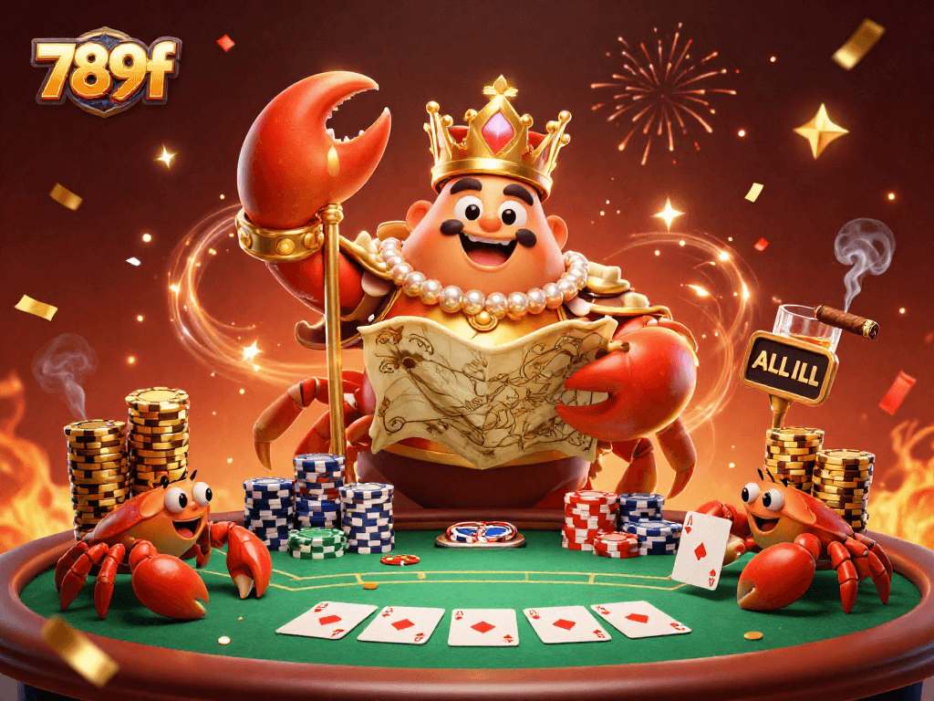 Engage with 789f's vibrant casino world featuring a majestic crab emperor and poker elements.