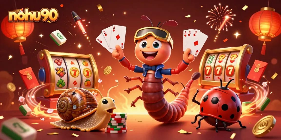 Engage in the thrilling world of nohu90 with a vibrant casino scene showcasing a millipede dealer and high-roller snail.