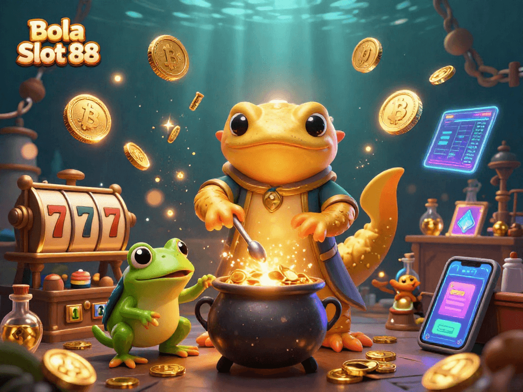 Bola Slot 88 offers a thrilling gaming experience, featuring vibrant 3D casino characters amid gold and cryptocurrency.