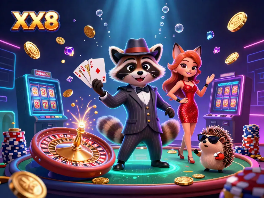 Experience thrilling casino action at XX8 with a raccoon, fox, and hedgehog amongst coins, cards, and a roulette wheel.