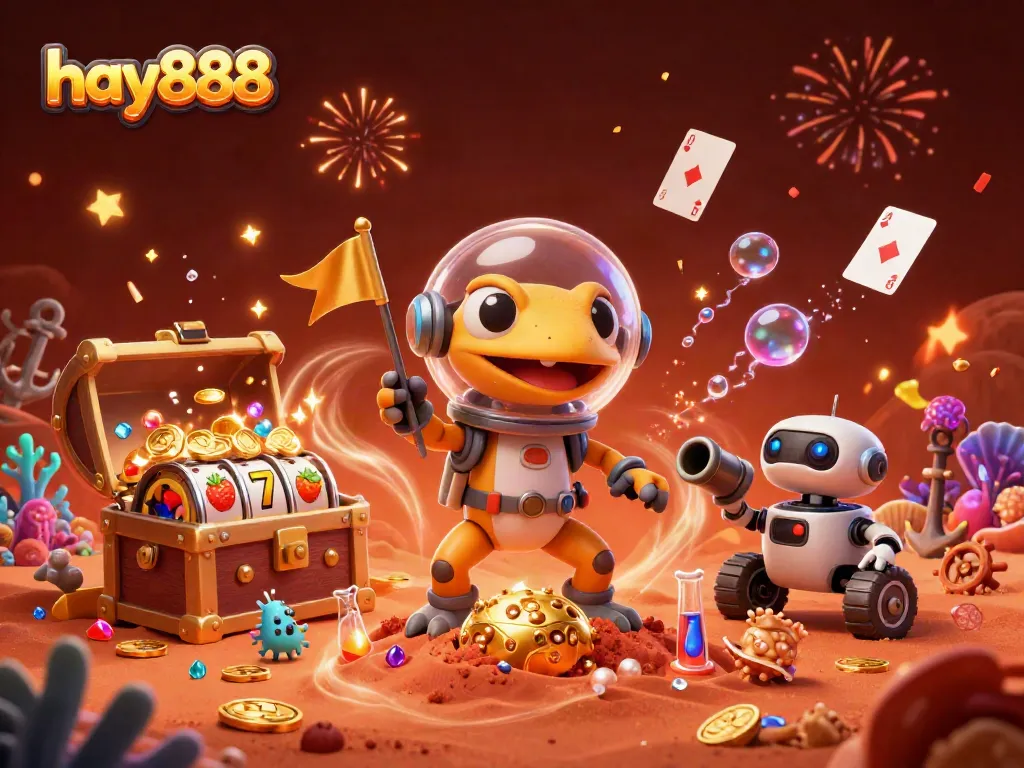 Experience the thrill of hay888 with animated slot reels and colorful characters in a cosmic casino.