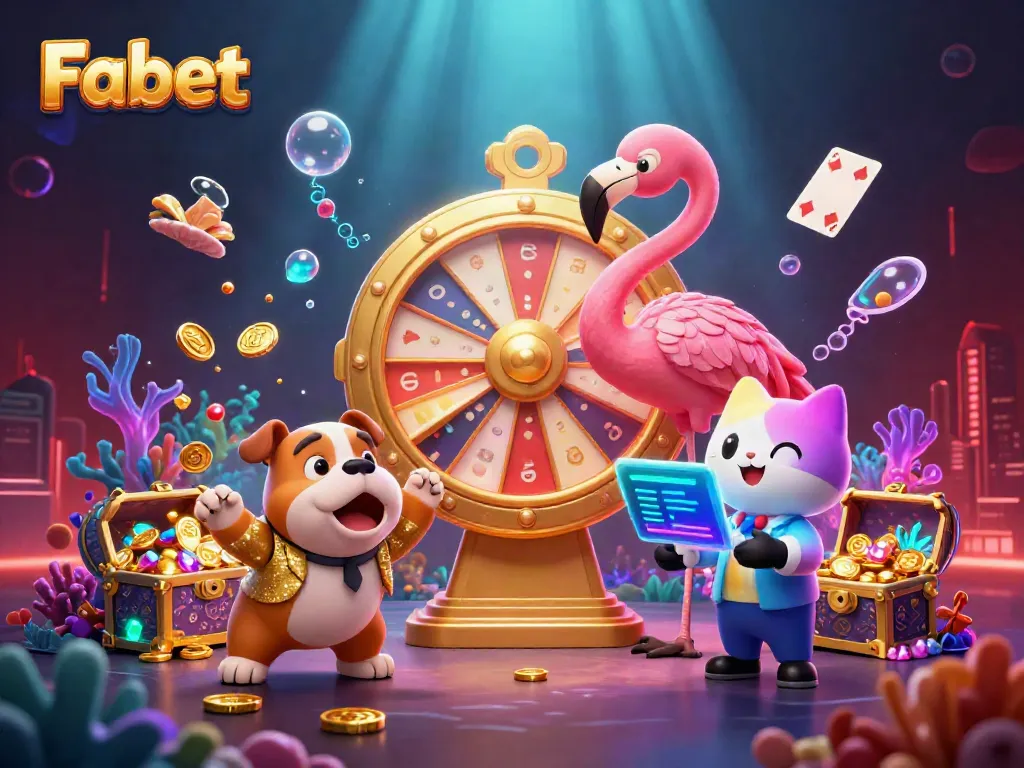 Experience the excitement of Fabet with a vibrant game show scene featuring dynamic characters and colorful prizes.