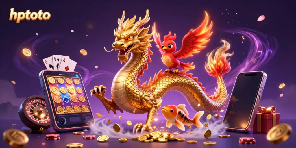 Experience thrilling hptoto gaming with a dynamic dragon, phoenix, and koi fish surrounded by vibrant casino elements.