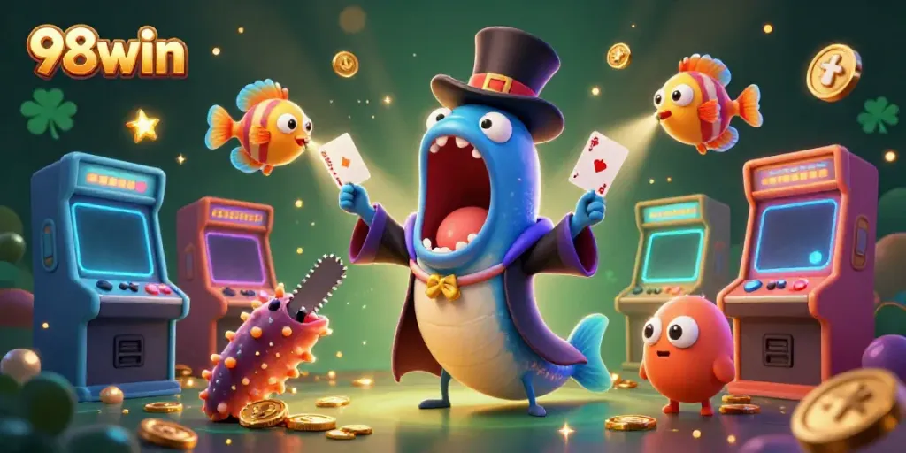 Experience thrilling actions at 98win with lively characters performing tricks amid arcade game glory.