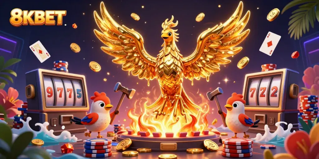 Experience thrilling wins with the 8KBET casino's golden phoenix and dynamic gaming elements.