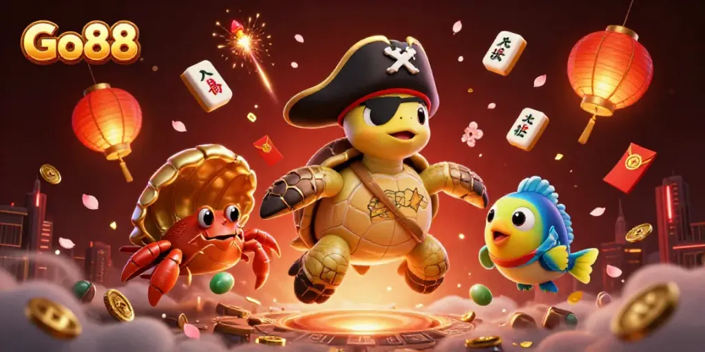 Engage in festive gambling fun with Go88, featuring a pirate turtle, hermit crab, and parrotfish.