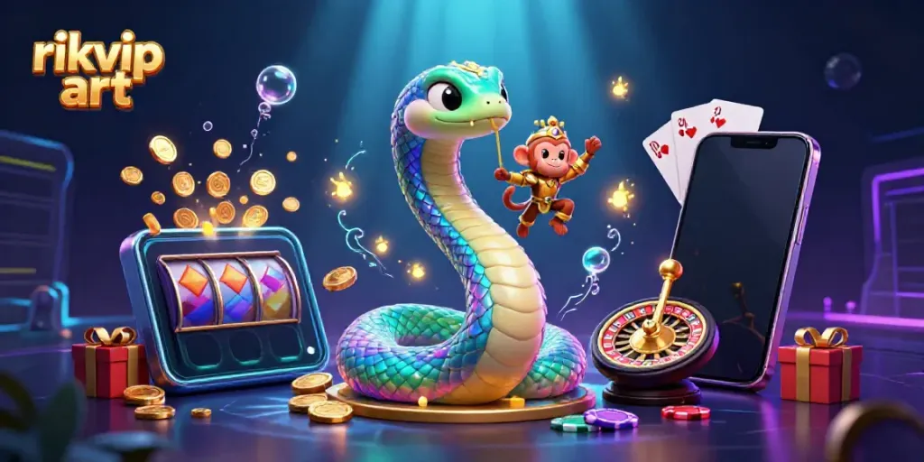 Engage with rikvip art through a vibrant 3D illustration showcasing a rainbow serpent and gaming elements.
