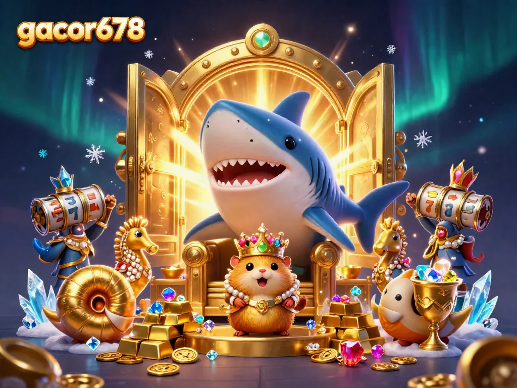 Win big with gacor678 at an exciting casino scene featuring a golden hamster king and treasures