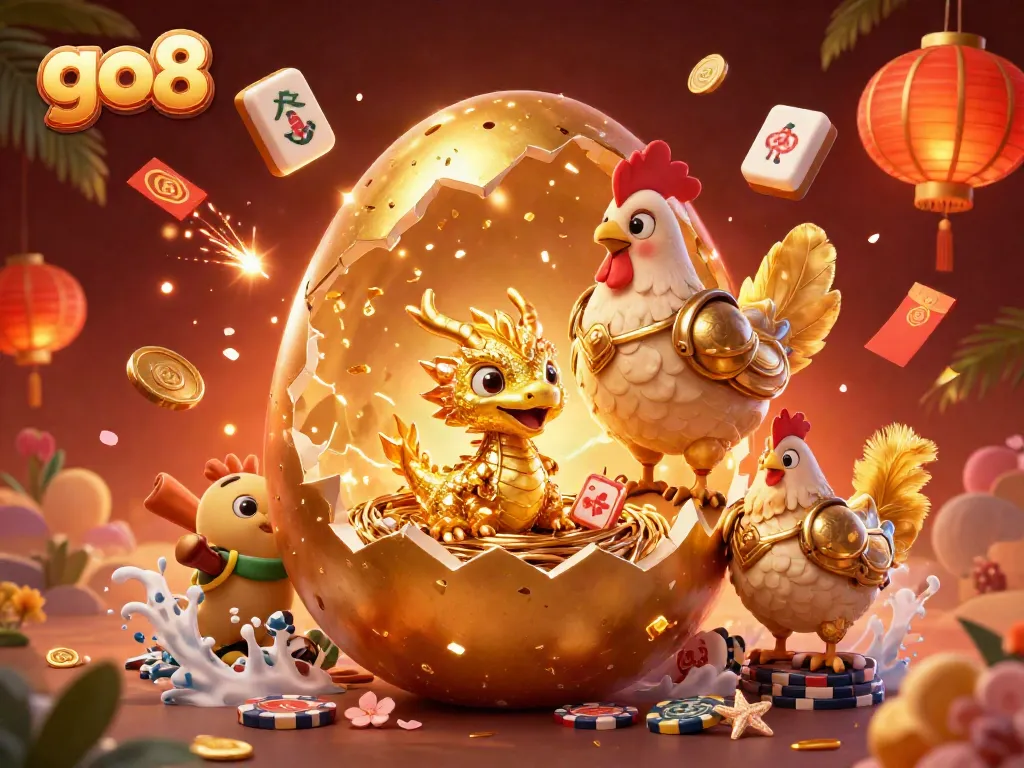 Experience the go8 gaming thrill with a golden dragon amidst poker chips in a dazzling casino scene.