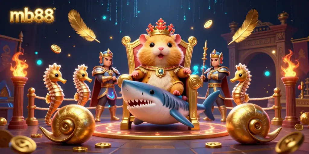 Engage with mb88's golden hamster king in a vibrant casino-themed illustration showcasing rich details and dynamic gameplay.