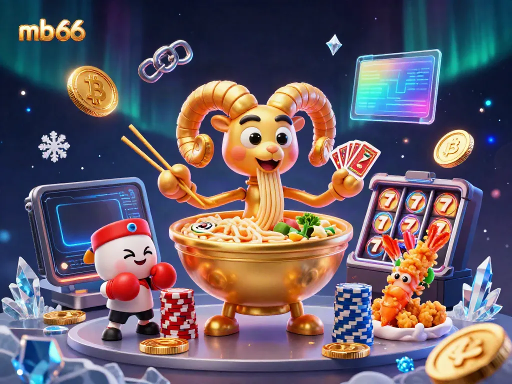 Engage in thrilling gameplay with mb 66 while a giant golden ramen bowl deals cards in an animated casino scene.