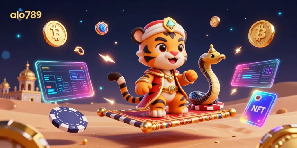 Experience the vibrant world of alo789 with a magical Arabian nights-inspired illustration featuring a tiger sultan and dynamic casino elements.