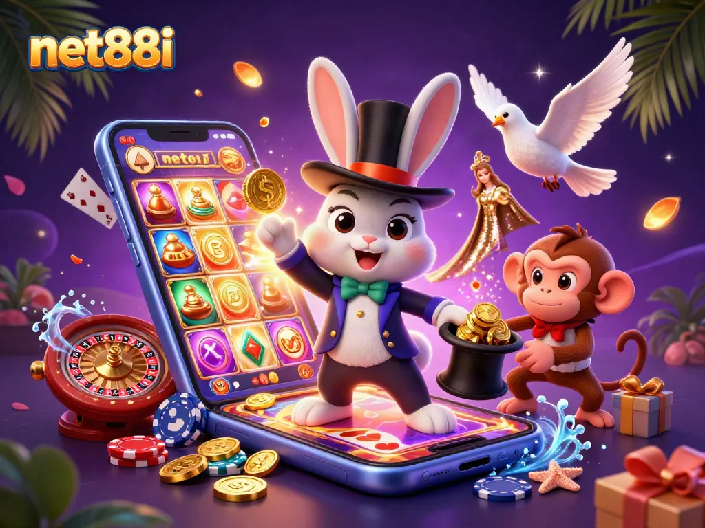 Experience the magic at net88i with a whimsical scene of a rabbit magician and casino elements.