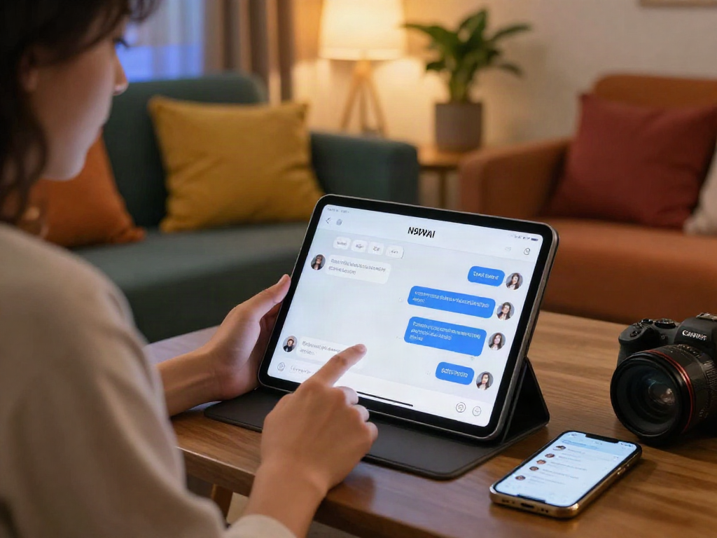 Interactive ai chat nsfw interface on tablet in cozy lounge setting.