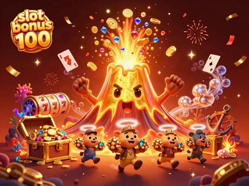 Experience excitement with the triumphant volcano in a slot bonus 100 celebration filled with treasures and joy.