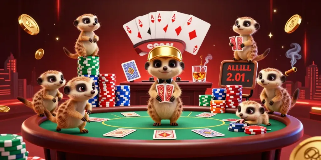 B52 meerkats hosting a vibrant casino night, showcasing paralleled card games and colorful chips.