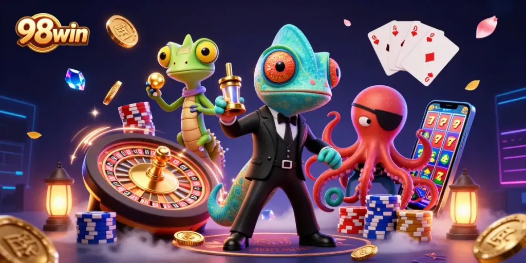 Win big with 98win as chameleon characters illustrate thrilling casino action.