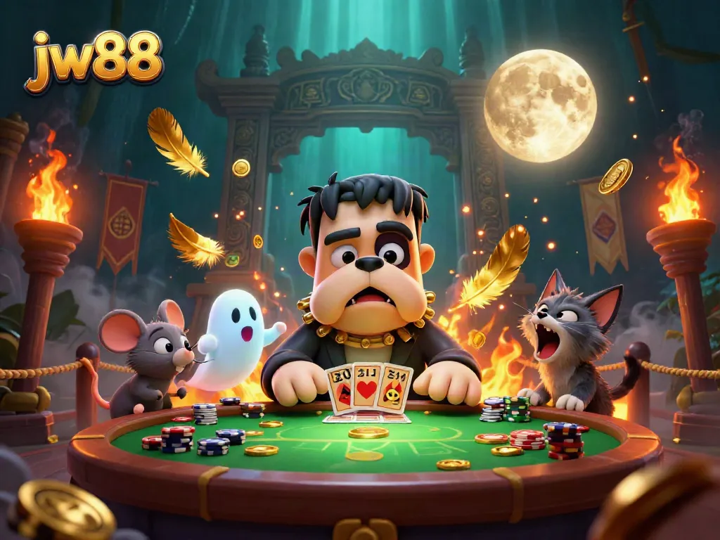 Join the excitement at jw88 with a whimsical scene featuring a Frankenstein bulldog dealing cards under a ghostly, enchanting moon.