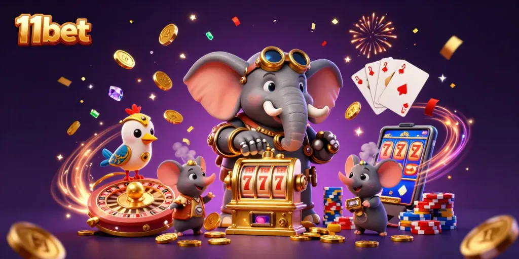 Spin to win with 11bet's captivating casino experience featuring a steampunk elephant engineer.