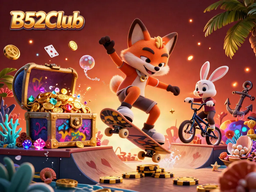 B52Club offers an energetic experience with a 3D fox doing tricks on poker chips and a rabbit at a vibrant casino-themed backdrop.