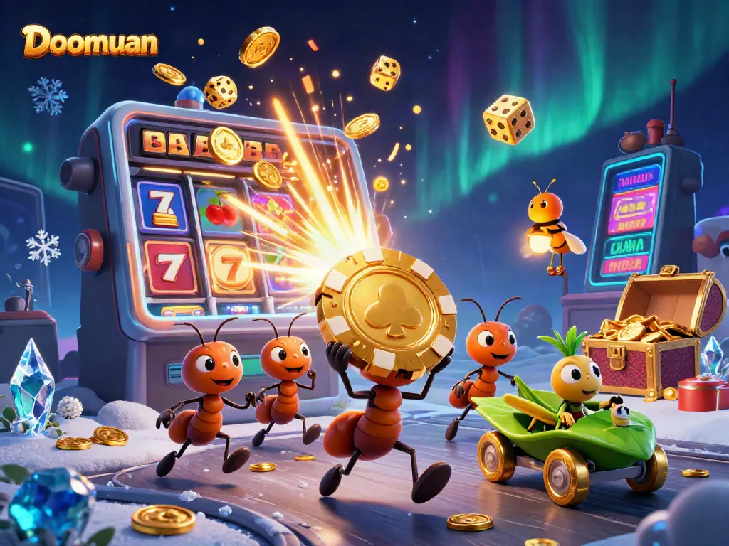 Engage in the thrilling heist of the Doomuan ants as they escape with a massive golden poker chip amidst a vibrant casino atmosphere.