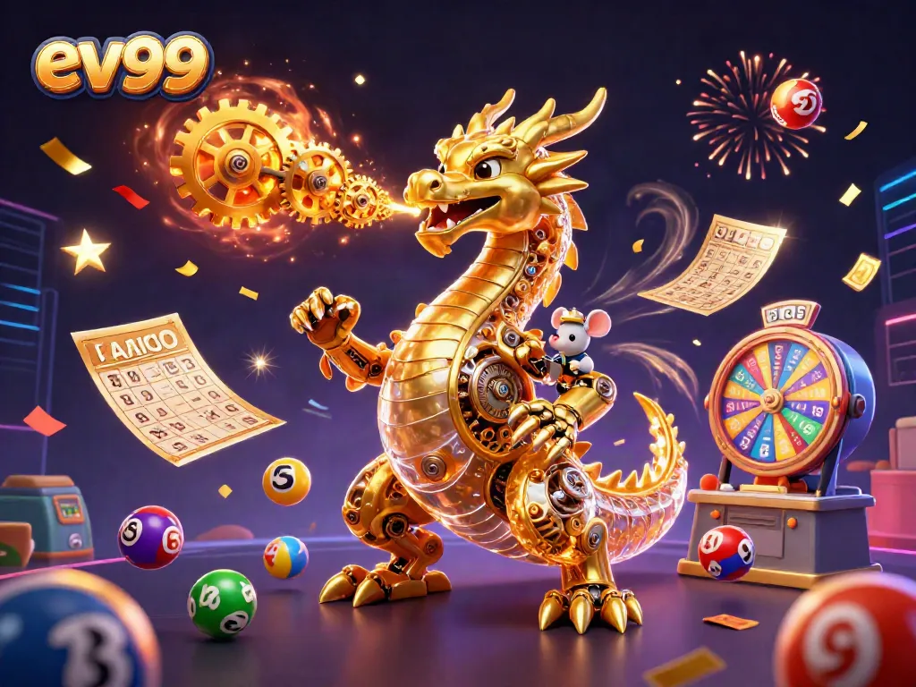 Experience thrilling gameplay with ev99 as a vibrant golden dragon breathes energy among exciting lottery elements.